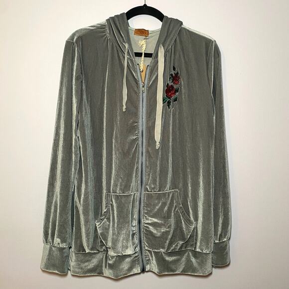 NWT POL Women's size Large Gray Velvet Valeur Embroidered Rose Hoodie Sweatshirt - Picture 1 of 10